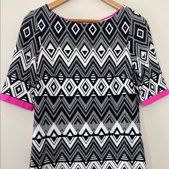 Eliza J Geometric Patterned Dress with Pink Accents 3/4 Sleeve Zipper Back Sz 10 - Picture 2 of 10